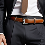 **

Prompt: Elegant H buckle belt on dark suit, formal setting, sophisticated style, classic Hermes design, high quality leather, luxury fashion.

**
